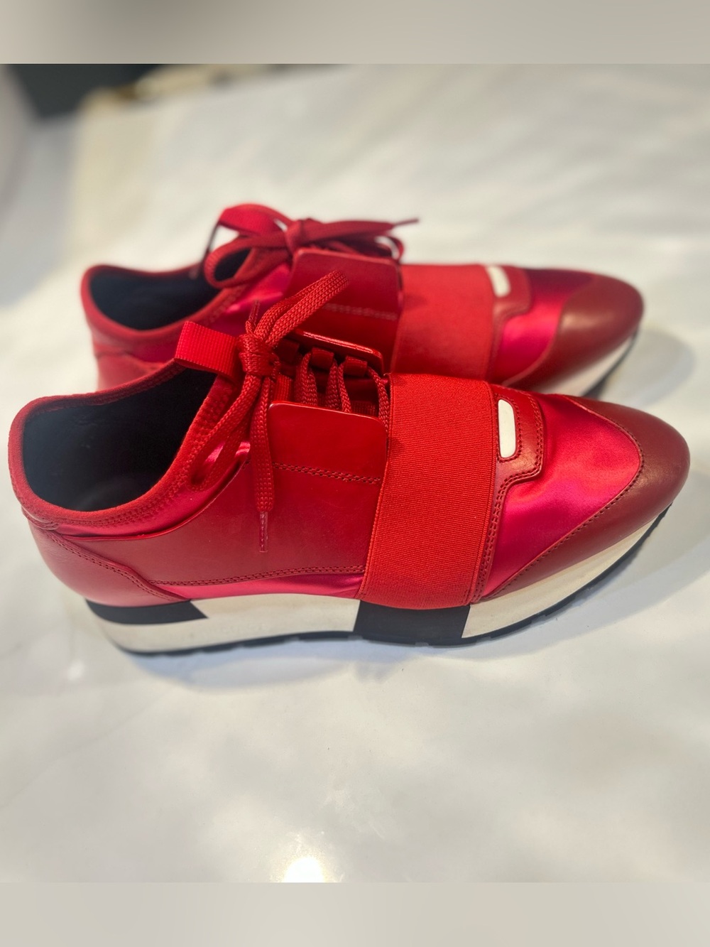 Balenciaga Women’s Red Satin and Leather Sneakers /Red Groseille 500587W07E1